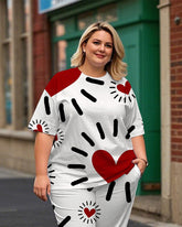 Women's Plus Size Graffiti Heart Print T-Shirt and Print Trousers Suit